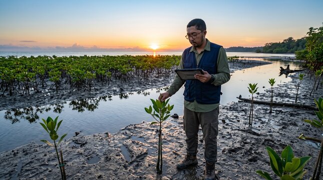 Southeast-asian man inspecting mangrove plants with tablet in coastal wetland at sunset