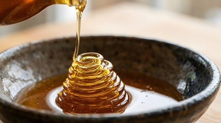 Fototapeta premium Golden Sweet Organic Honey Dripping from a Wooden Dipper into a Rustic Ceramic Bowl for Healthy Natural Breakfast Food Ingredient
