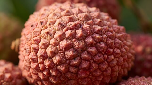 Close-up macro photography of fresh ripe lychee fruit featuring detailed bumpy red skin texture and organic natural patterns