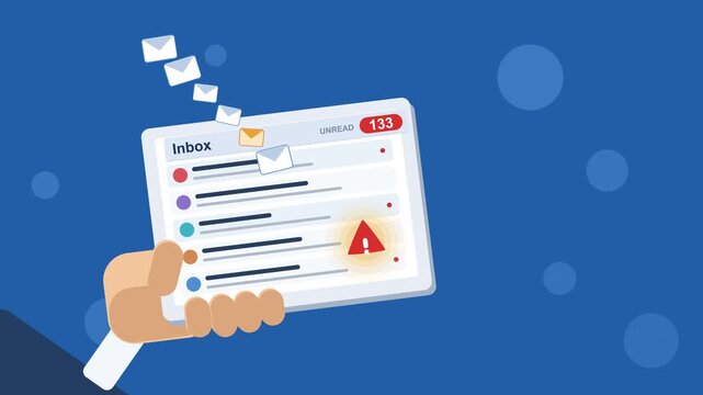 Motion graphic of spam alert and too many emails on tablet held by businessman isolated on blue background, email overload concept