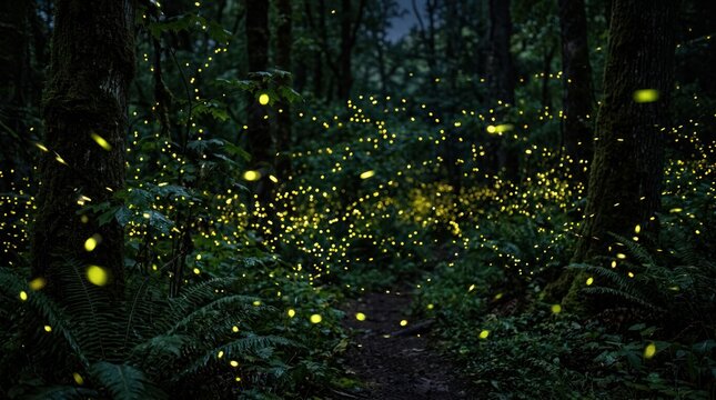 Magical forest glow with many fireflies at night