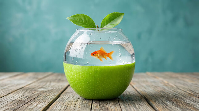 A small goldfish swims peacefully inside a clear round glass bowl that is embedded into the lower half of a fresh green apple Isolated on transparent background