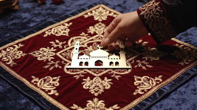 Mosque model on traditional prayer rug.