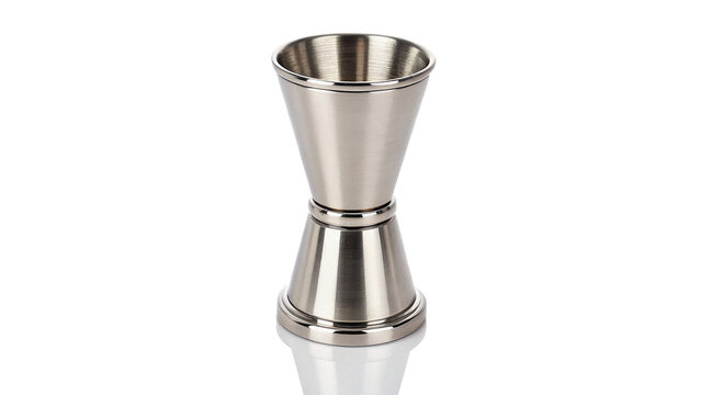 Metallic silver steel dual spirit jigger bartender cocktail measuring tool isolated on transparent background