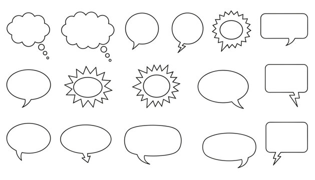Set of fifteen blank comic book speech and thought bubbles in various shapes is isolated on a white background.