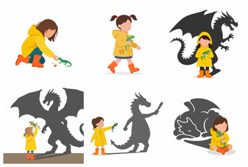 Collection of Little Girl Illustrations Playing with Lizard and Dragon Shadows Symbolizing Imagination and Strength