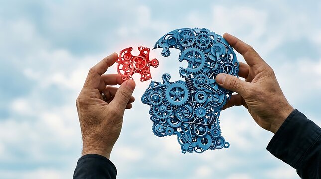 Hands holding blue mechanical gear puzzle head and placing red piece with creativity, solution