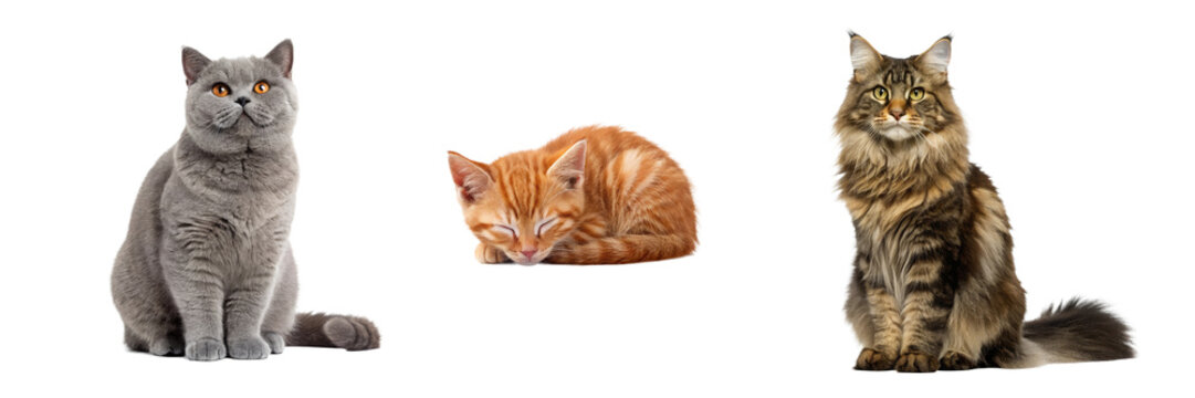 Domestic cat collection with British Shorthair kitten and Maine Coon for pet care branding and marketing