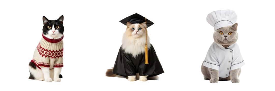 Cat lifestyle collection with sweater graduate chef and dressed pets for branding marketing and merchandise