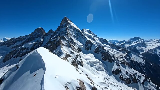 Majestic snow-capped mountain range under a clear blue sky, aerial view of rugged peaks and glaciers