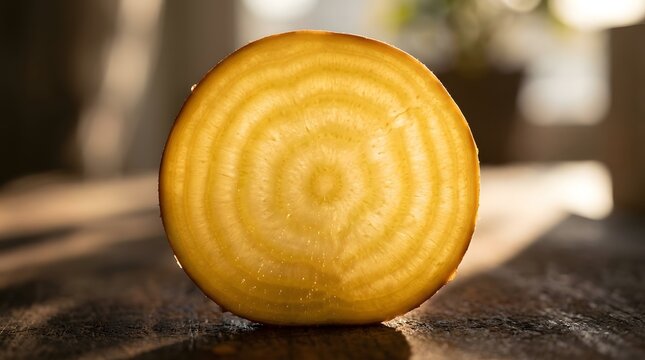 Close up macro shot of a fresh golden beet cross section showcasing organic rings and natural texture on a rustic dark wooden table background