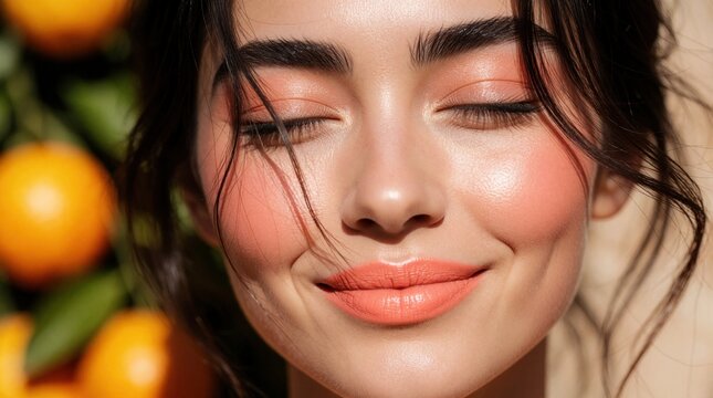 Close up portrait of young woman with glowing peach makeup. Radiant skin, orange eyeshadow, glossy lips shine in sunlight. Fresh beauty look with highlighter, bronzer. Beautiful face with dimples