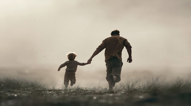 Father and Child Running Joyfully in Nature