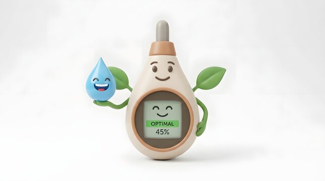 Cute soil moisture meter mascot with smile and water drop checking plant hydration levels