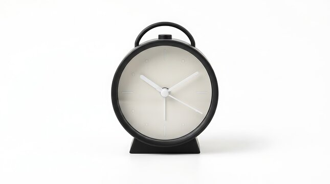 Modern minimalist black alarm clock with white dial isolated on clean white background