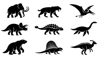Prehistoric creature vector collection displaying various extinct animals in black silhouette style isolated on a plain white background for design © Rekon