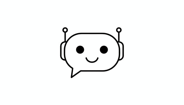 Cute smiling robot chatbot icon within a speech bubble outline isolated on a clean white background.