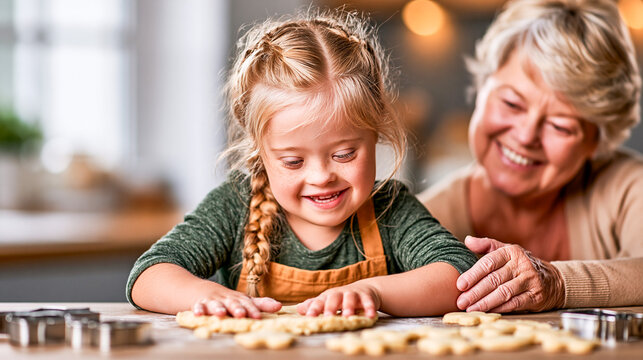 Girl With Down Syndrome Baking Cookies With Grandma