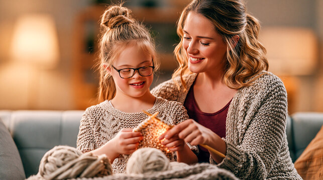 Aunt Teaching Niece With Down Syndrome to Knit