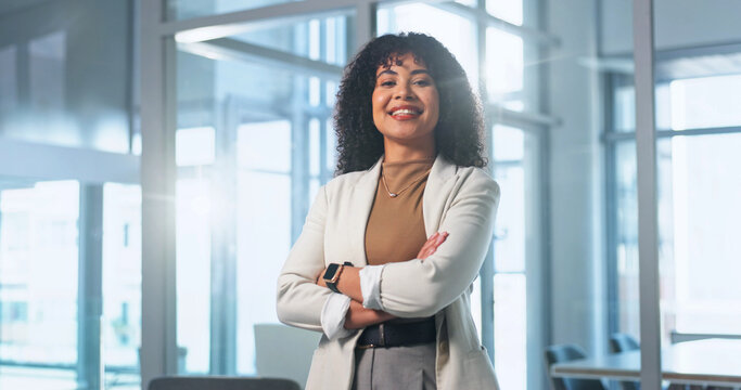 Crossed arms, smile and portrait of businesswoman in office with confidence for finance career. Happy, professional and financial manager with pride for job opportunity, about us or positive attitude