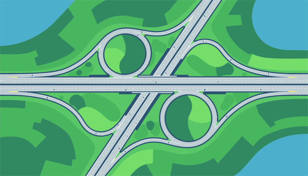 Detailed flat vector illustration of a complex highway cloverleaf interchange with multiple roads and green lawns.