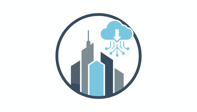 Modern smart city circular icon showing abstract blue skyscrapers combined with a cloud downloading data.