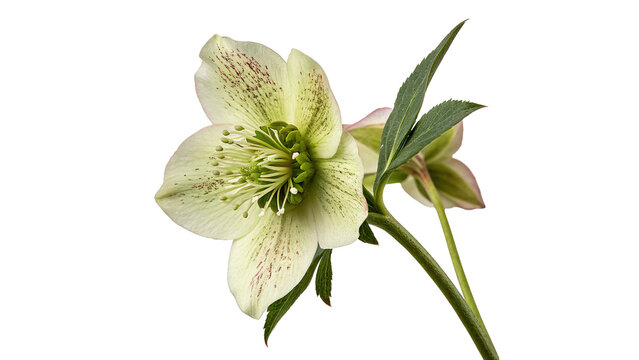 Beautiful white hellebore flower blossom with green leaves on stem isolated on transparent background cut out