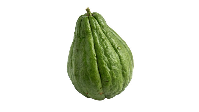 Single fresh green chayote squash vegetable whole raw exotic ingredient isolated on transparent background cut out