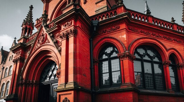 Red brick gothic architecture of historic European building. Ornate stone carvings decorate entrance, arched windows. Old town hall church facade stands under cloudy sky in historic city center.