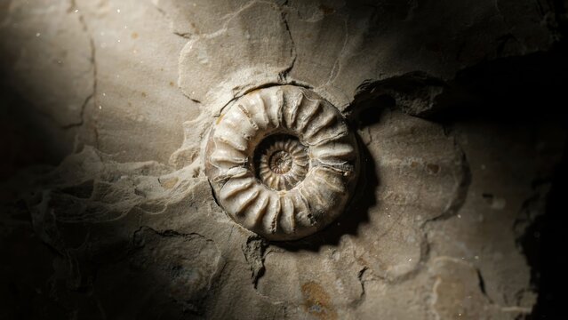Detailed macro shot of an ancient ammonite fossil shell preserved in sedimentary rock with intricate spiral patterns and natural stone textures