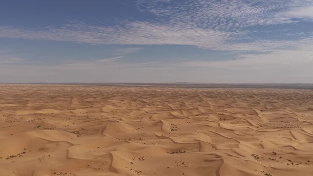 Aerial Top View of a Car Driving Along a Desert Road Surrounded by Golden Sand Dunes
