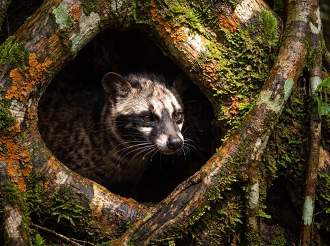 Alert Asian Palm Civet Peeking from Mossy Tree Roots in Lush Rainforest