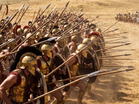 Ancient Greek Hoplite Phalanx Marching Forward in Battle Formation, Spears Ready, Golden Armor Gleaming in Sunlight