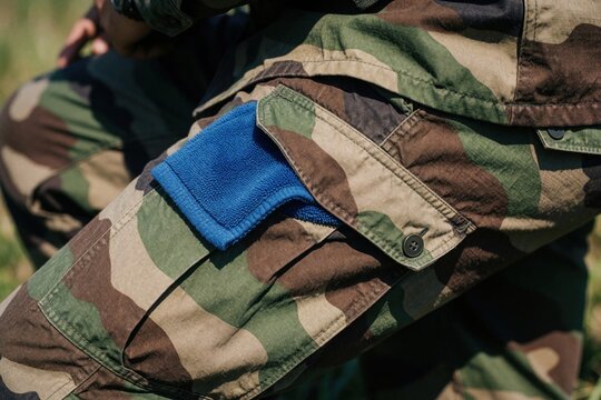 Close up of French soldier in camo uniform. Military man wearing tactical camouflage trousers with blue patch on leg pocket. Combat gear, army clothing used for field training defense operations in