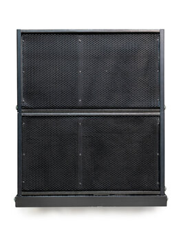 Front view, black wooden mid-range and tweeter speaker cabinets with metal grille for outdoor events isolated on white background with clipping path.