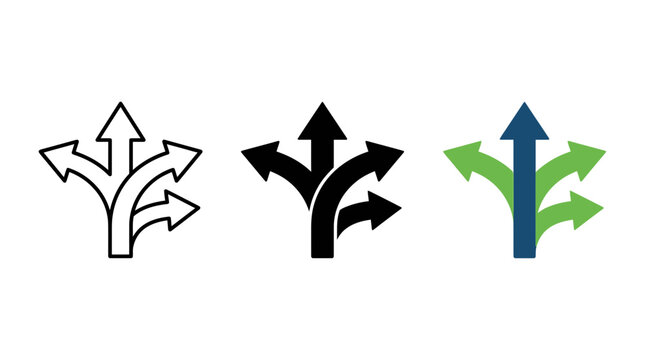 Three-way path branching arrow icons in outline solid black color variations