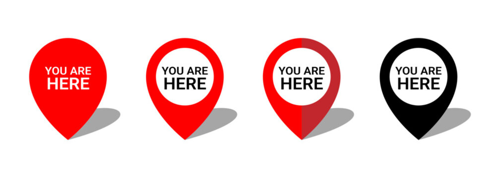 You are here position marker icon set. Location info, map pin, GPS pointer red symbol collection. Transparent vector and PNG