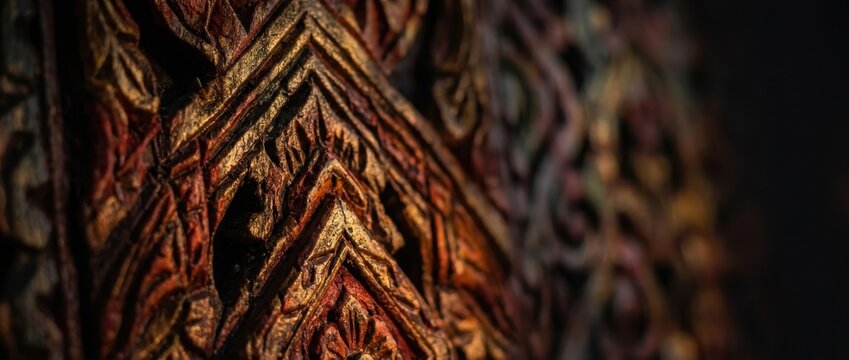 Ornate golden wood carving with traditional floral patterns and depth
