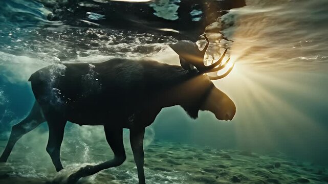 Underwater view of a moose swimming in clear lake water with sunbeams shining through the surface