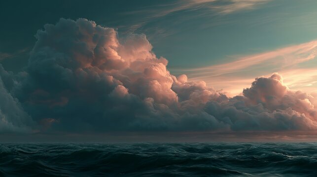 Dramatic twilight sky with billowing cumulus clouds tinted in dusky pink and deep teal hues, creating a breathtaking scene above a vast ocean, background representing serene nature