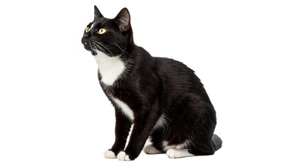 Cute small black and white domestic cat sitting looking away feline animal isolated on transparent background © PNG_MEGAStock