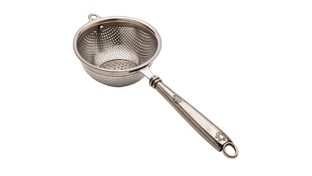 Classic metallic silver steel fine mesh kitchen sieve strainer sifter hardware tool isolated on transparent background