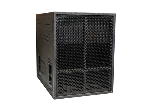 Black wooden woofer speaker cabinets with metal grille for outdoor events isolated on white background with clipping path.