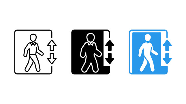 Walking person icon set with elevator directional arrows elevator direction