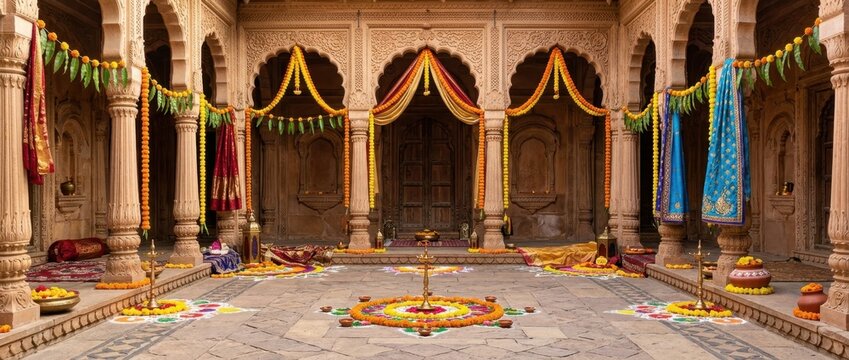 Ornate sandstone courtyard decorated with marigold garlands for festival