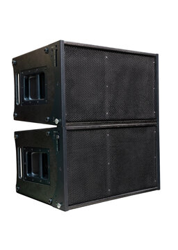Black wooden mid-range and tweeter speaker cabinets with metal grille for outdoor events isolated on white background with clipping path.