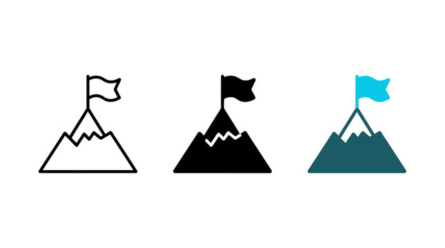 Mountain summit with a flying flag icon set for success and accomplishment, mountain