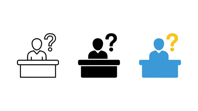 Person at desk with question mark icon representing help or support inquiry
