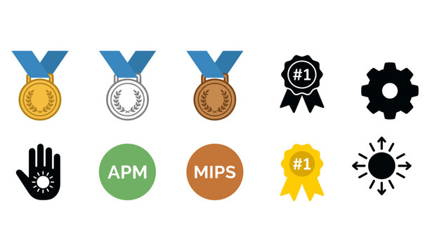Achievement and performance icons collection featuring gold silver bronze medals with ribbons, number one award ribbons, gear mechanism, hand with sun symbol, APM circle, MIPS circle, and sunburst.