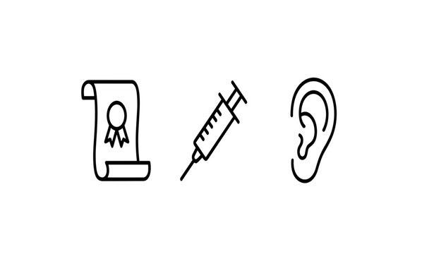 Black line illustration showing certificate with ribbon seal, medical syringe for vaccination, and human ear symbol representing healthcare certification, immunization, audiology, medical treatment.